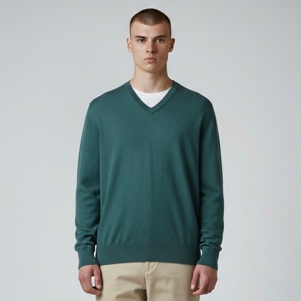 Brooks Brothers Sweater Mens Small Green Extra Fine Merino Wool V-Neck Pullover
